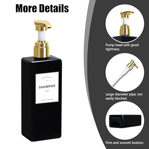 YUEYANG Black Shower Bottles Refillable with Labels, 16.9OZ Pack of 3 Empty Black Shower Dispenser with Gold Pump, Boutique Plastic Bottles for Body Wash, Body Oil3