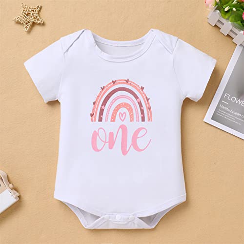 Baby Boho Rainbow 1St Birthday Outfit Toddler Girl Cake Smash Romper Tutu Skirt With Diaper Covers Flower Headband Photo Shoot Hippie Bohemian Themed First Birthday Party Supply One 1 Year Dusty Pink #TOP1