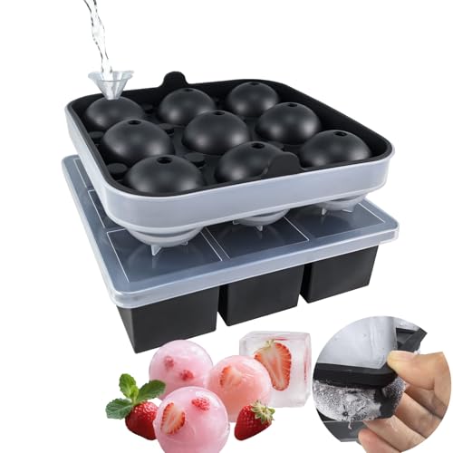 Easy Release Silicone Ice Cube Tray with Lid, Plastic Ice Ball Maker with Funnel, 9x5cm Square Large Ice Cubes and Round Ice Balls for Whiskey Cocktails, Silicone Freezer Trays for Homemade DIY