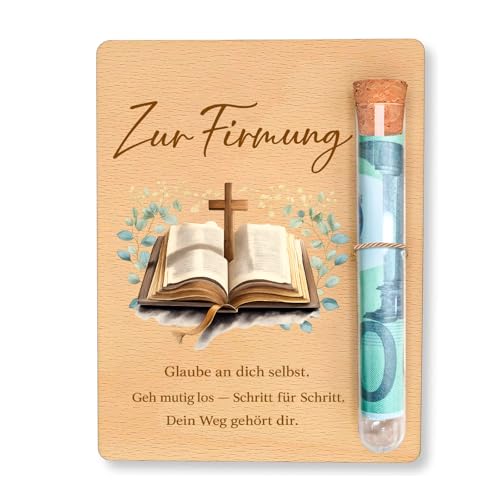 PIujsym Geldgeschenk Firmung Holzkarte Mit Reagenzglas, Kreative Firmung Geschenke Mädchen & Jungen, Firmung Karte Mit Segenswunsch, Verpackung für Geldgeschenke 13 x 10 cm ﻿