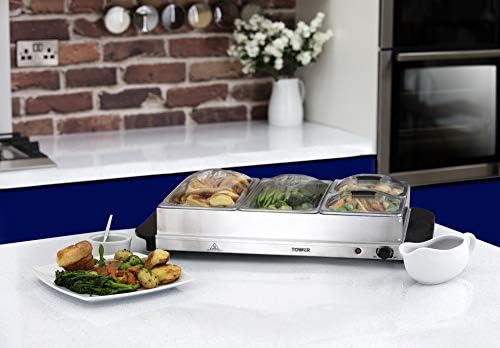 Tower Four Buffet Server and Plate Warmer with 2 x 2.4 and 2 x 1.2 Litre Trays Capacity, 300 W, Stainless Steel