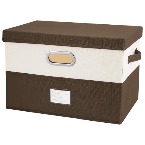 Image of Large Linen Fabric Foldable Storage Bins with Removable Lid and Handles, Washable Storage Box Organizer Containers Baskets Cube with Cover for Bedroom,Office(coffee&cream, Large)