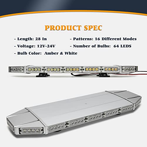 28" Amber/White Waterproof Warning Emergency Strobe 64 Led Light Bar Rooftop Flashing Magnetic Bases Tow Truck Car Vehicle Snowplow #TOP4