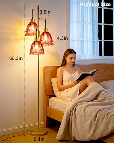 Image of Lightdot 3-Lights Glass Floor Lamp Dimmable Gold Floor Lamp with Deep Red Glass Shade 3000K Bulbs Included Unique Modern Standing Tall Lamp with 5Lbs Heavy Base for Living Room /Bedroom /Sofa Beside