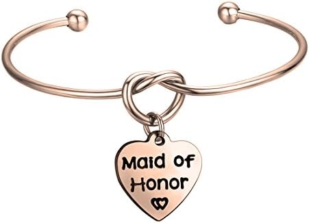 FEELMEM Bridesmaid Jewelry Bridesmaid Gifts- Simple Love Knot with Heart-shaped Engraved Message Charm Bangle Bracelet- Personalized Wedding Wishes Gift for women Girl(maid knot-RG)