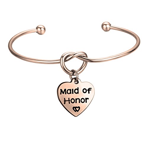 Feelmem Bridesmaid Jewelry Bridesmaid Gifts- Simple Love Knot With Heart-Shaped Engraved Message Charm Bangle Bracelet- Personalized Wedding Wishes Gift For Women Girl(Maid Knot-Rg) #TOP4