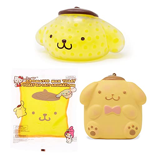 Hamee Sanrio Squishy Pompompurin Collector's Set - [1 x Chigiri Pan Sweet Roll Keychain Squishy] [1 x Character Milk Toast Squishy] [1 x Water Bead Ball Squishy] [3 Pc.]
