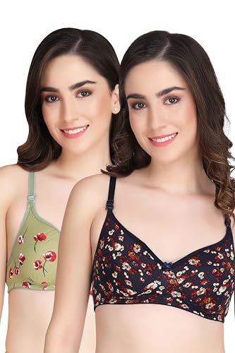Image of Flower Print Bra for Women - Made of Pure Cotton Full Coverage Non Wired Pushup Soft Cup for T-Shirt Saree Dress Sports Garment for Daily Use Everyday