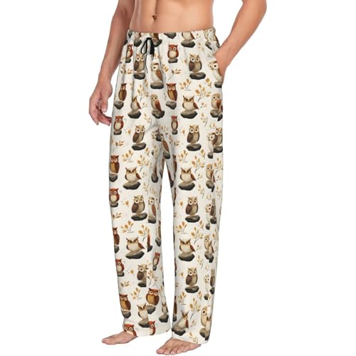 Mens Pajama Pants - Stone Owl Print Soft Sleep Lounge Pants For Men, Casual Pj Bottoms With Pockets