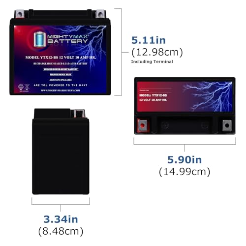 Image of Mighty Max Battery YTX12-BS -12 Volt 10 AH, 180 CCA, Rechargeable Maintenance Free SLA AGM Motorcycle Battery
