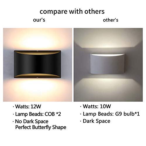 Shyvia Dimmable Wall Sconce, Modern Black Led Up Down Wall Lamp, 12W Indoor Hallway Wall Light Fixtures For Living Room, Stair, Bedroom, Warm White #TOP4