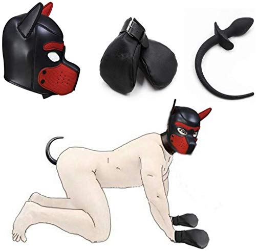 PURELOVEE Fetisch Puppy Spielen Bondage Kit, Hundeschwanz Kolben-Stecker, Hund Hood-Maske, Faust Handschuhe, Spiele für Erwachsene Pet Cosplay reizvolles Kostüm Spielzeug,Rot