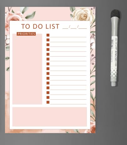 Image of AccuPrints A4 Floral to-Do List Notepad with Priority Section (23x30cm) or 9x12 inch with Magnetic Marker Pen - Dry Erase Flexible Writing Film for Kitchen Fridge /Office Godrej /Metal Wardrobe