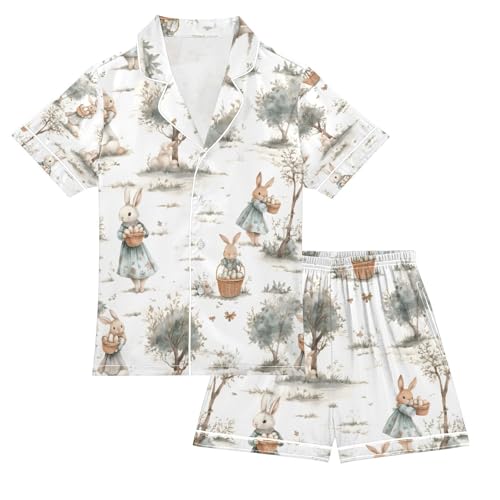 senya Watercolor Cute Bunnies 1 Satin Summer Pajama Sets Silk Short Sleeve Button Down Sleepwear