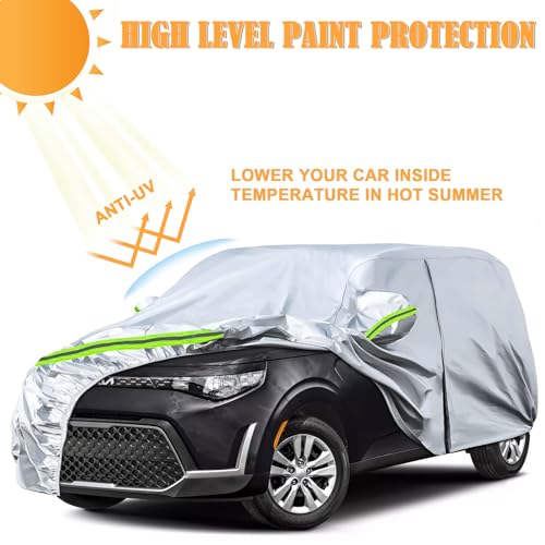 Image of Waterproof Car Covers Replace for 2009-2025 Kia Soul, 6 Layers Silver All Weather Custom-fit Car Cover with Zipper Door & Windproof Bands for Snow Rain Dust Hail Protection
