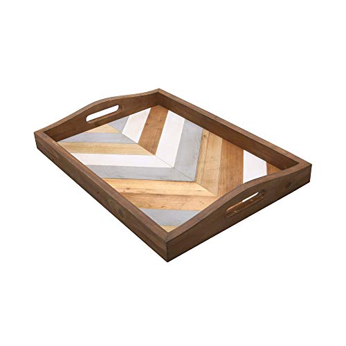 NIKKY HOME Multi-Colored Rustic Chevron Wood Decorative Ottoman Serving Tray with Cutout Handles