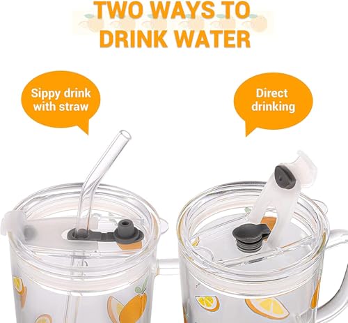 KELVEE Random Design Glass Straw Measuring Drinking Mug with Handle and Clear Lid with Scale Straw for Multiple Usage 350 ml (Pack of 2)