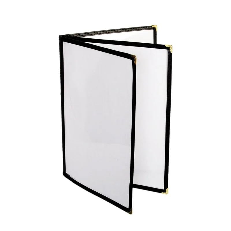 Menu Covers, Black Leatherette, 8.5 x 11 Inch, 4 Page 8 View, Transparent Restaurant Holder with Decorative Corners, 50 Pack