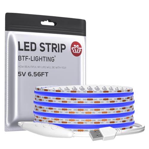 Image of BTF-LIGHTING 5V USB Blue Color COB LED Strip Lights Super Bright Dimmable LED Tape Light,6.56FT 320LEDs Flexible Light Strip with Strong 3M Tape for 3D Printer,TV Backlight,Cabinet,Home Lighting