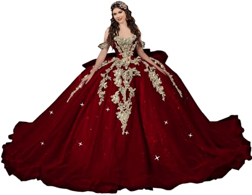 YuVanty Puffy Burgundy and Gold Quinceanera Dresses with Bow Off Shoulder Tulle Ball Gown for Sweet 15 16 Dress with Tail Gold Appliques quinceaera Dress 2