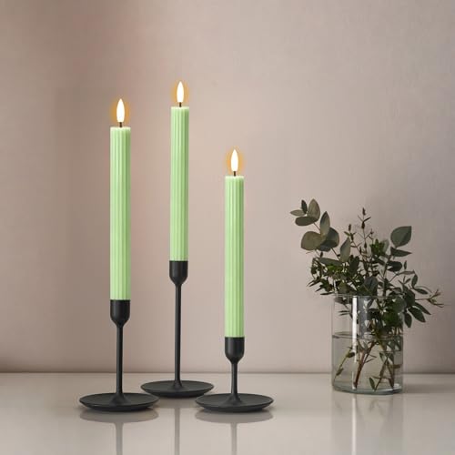 Image of Green Flameless Flickering Taper Candles Battery Operated with Remote and Timer, 3D Wick Real Wax Vertical Stripe LED Candlesticks Spring Dinner Wedding Home Decor(3 Pack, 0.79 inch D x 9.8 inch H)