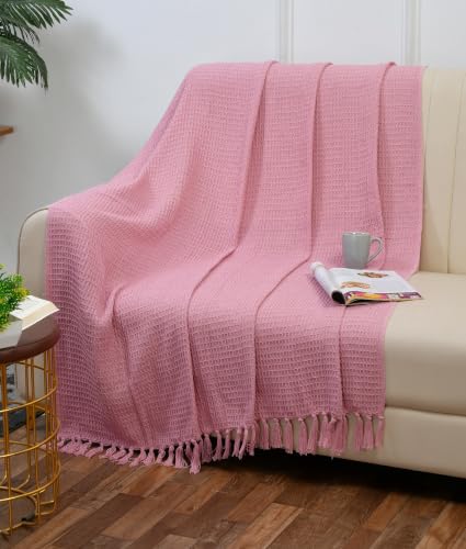 Image of Handloom Cotton Throw for Sofa & Bed | Soft Lightweight Boho Blanket | Decorative All-Season 100% Cotton Sofa Throw - 50x60 inch (Pink)