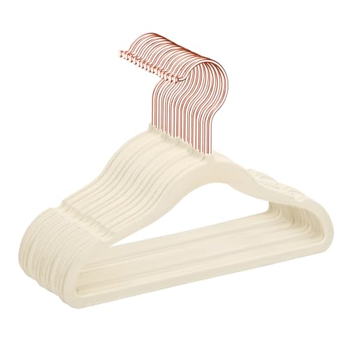Image of MIZGI Premium Kids Velvet Hangers (Pack of 50) with Copper/Rose Gold Hooks,Space Saving Ultra Thin,Non Slip Baby Hangers for Children's Skirt Dress Pants,Clothes Hangers(Ivory)