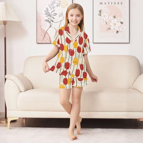 ALAZA Red Yellow Tulip Flower Art Pajamas Satin Pajama Set Short Sleeve Button Down Sleepwear3