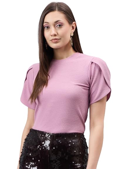 Women Solid Poly Knit Smart Casual Regular Tulip Sleeve Top