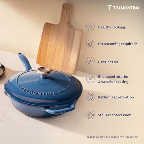 Image of TRAMONTINA Bestow Fry Pan 30 cm with Lid | Enameled Cast Iron Cookware | Even Heat Retention | Low Oil Healthy Cooking | No Seasoning Required | Stainless Steel Knob | All Cooktops Compatible | Blue