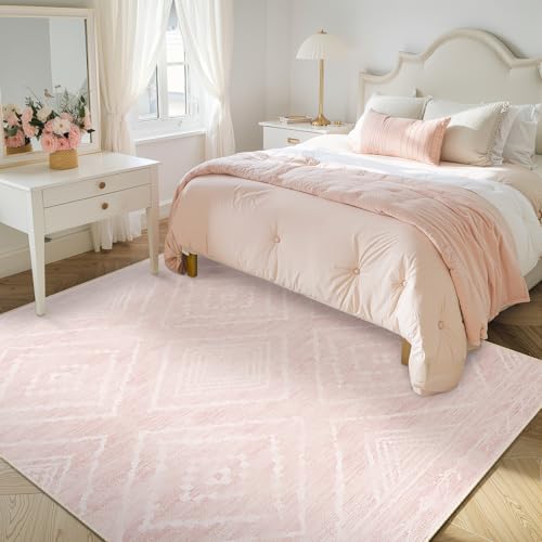 Area Rug 5x7 Rug Machine Washable Non-Slip Low Pile Print Pattern Western Rug for Living Room Bedroom Entryway Tribal Series -Light Pink/Cream Area Rug 5x7 Rug Machine Washable Non-Slip Low Pile Print Pattern Western Rug for Living Room Bedroom Entryway Tribal Series -Light Pink/Cream - Image 6