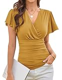 Casual Tops for Women Ruffle Sleeve Summer Shirts V Neck Wrap Shirt Work Ruched Top Mustard Yellow M