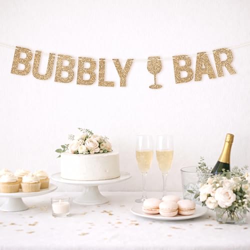 Image of Pre-Strung Bubbly Bar Banner - Gold Glitter Champagne Mimosa Bar Banner | No DIY - Pre-Strung on 10 ft Strand - Drink Sign - Pearls & Prosecco Bridal Shower Brunch Bachelorette Party Decorations
