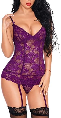 EVELIFE Womens Lace Garter Lingerie Set Teddy Bodysuit with Suspenders V Neck Babydoll Lingerie Set with Panty (No Stockings)