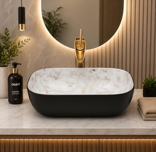 Image of OSOSAM Premium Designer Table Top Ceramic Wash Basin /Vessel Sink with Slim Rim for Bathroom (18 x 13 x 5.5 Inch) (OS-Double Color-157)