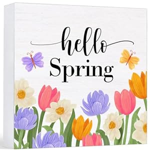 Spring Decor Hello Spring Decorations Country Home Table Desk Decor (5 x 5 Inches)