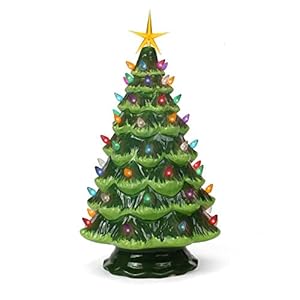 Ceramic Christmas Tree – Tabletop Christmas Tree with Lights – (15.5″ Large Green Christmas Tree / Multicolored Lights) – Lighted Vintage Ceramic Tree
