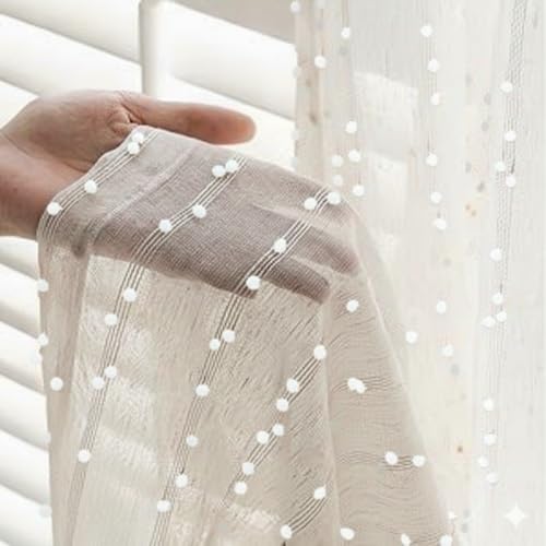 HaraDeco Cortina con Pompones de Colores, Cortinas Dormitorio Salón Blanco Visillo Translúcida para Ventanas, Cortinas con Pompones de Paneles con Ojales (Blanco, 140x260cm)