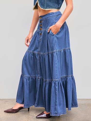 CIDER Women’s Long Jean Denim Tiered Button Down High Waisted Maxi Skirts3