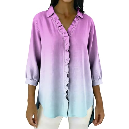 Chemisier d'été à manches 3/4 col en V chic top fluide à volants mode femme