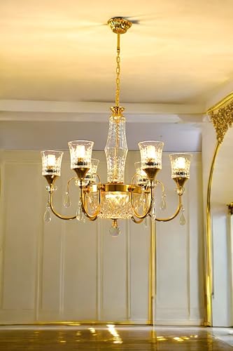 Image of Prop It Up Crystal Glass Chandelier, 6+1-Light Gold Finish, Elegant Pendant Ceiling Light with Decorative Drops, Without Bulb