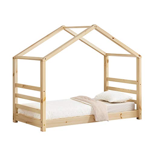 [en.casa] Cama para niños de Pino 70 x 140 cm Cama Infantil Forma de casa en Color Pino Natural