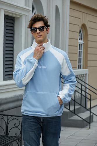 ZAFUL Men's Polar Fleece Sweatshirt NEW YORK Embroidered Quarter Zip Kangaroo Pocket Colorblock Stand Collar Pullover (0-Sky Blue, M)2