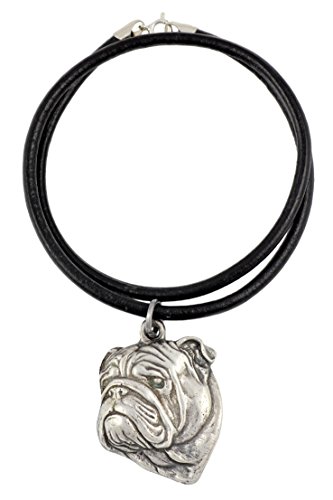 Art-Dog Hundekopf-Halskette auf Lederband - ArtDog Kollektion Hunde Halskette - Silberne Ketten mit Hundebildern - Schmuck mit Hunderassen - English Bulldog -...