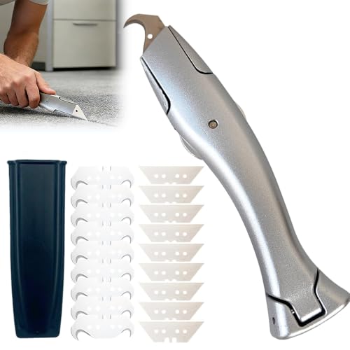 Cuchillo de Corte de Suelo, Cuchillo para Alfombras, Cuters Profesionales de Seguridad con 10 cuchillas trapezoidales y 10 cuchillas de gancho para Cortar Revestimientos de Suelo de PVC