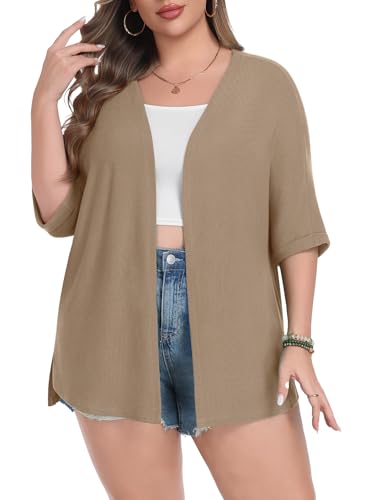 Image of Lastshe Womens Plus Size Cardigan Short Sleeve Lightweight Loose Cover Ups Open Front Sweaters Summer Cardigan