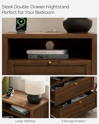 Image of EYYTHUNG Wooden Nightstand with Charging Station Modern End Table with 2 Drawers Farmhouse Night Stand Bedside Side Table with Storage Open Shelf for Sofa, Bedroom, Brown