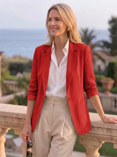 Image of Mina Self 2026 Summer Women's Linen Blazer Jacket - Lightweight Breathable 3 /4 Stretchy Ruched Sleeve Casual Work with Pocket
