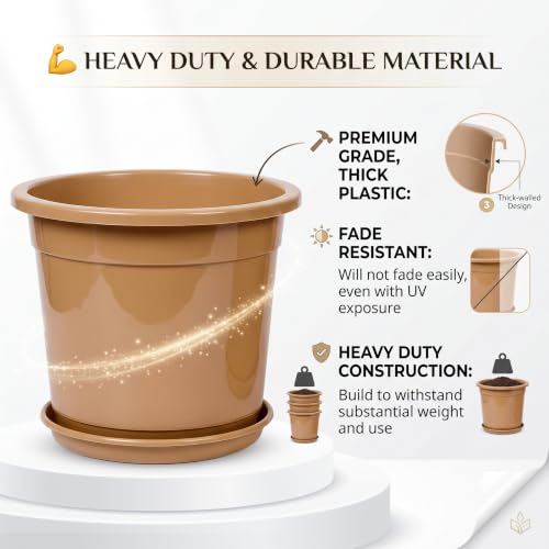 Image of 12 Inch Glossy Dune Beige Plastic Planter with Bottom Plate | Heavy Duty Flower Pot with Tray for Indoor Home Decor, Balcony, Living Room & Outdoor Garden (3 Pot, Dune Beige)