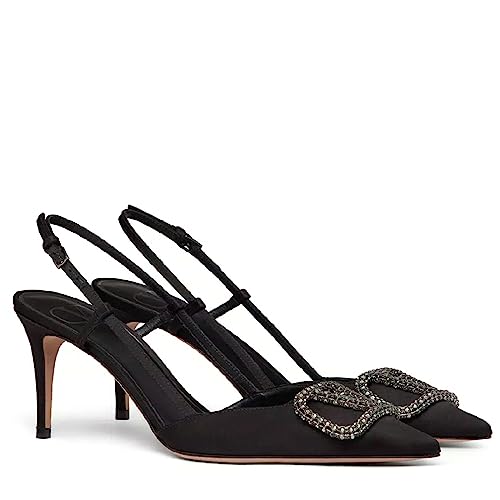Image of Women Heeled Slingback Sandals V Buckle Closed Pointed Toe Stiletto High Heels Slip-On Backless Evening Prom Party Dress Shoes
